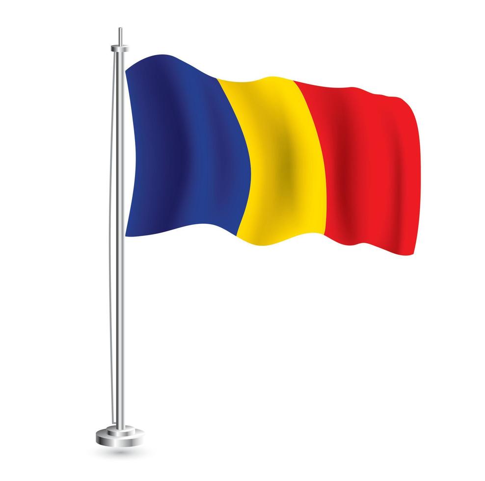 Chad Flag. Isolated Realistic Wave Flag of Chad Country on Flagpole. vector