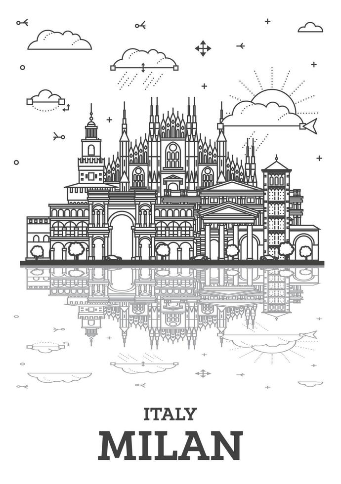 Outline Milan Italy City Skyline with Historic Buildings and Reflections Isolated on White. Milan Cityscape with Landmarks. vector