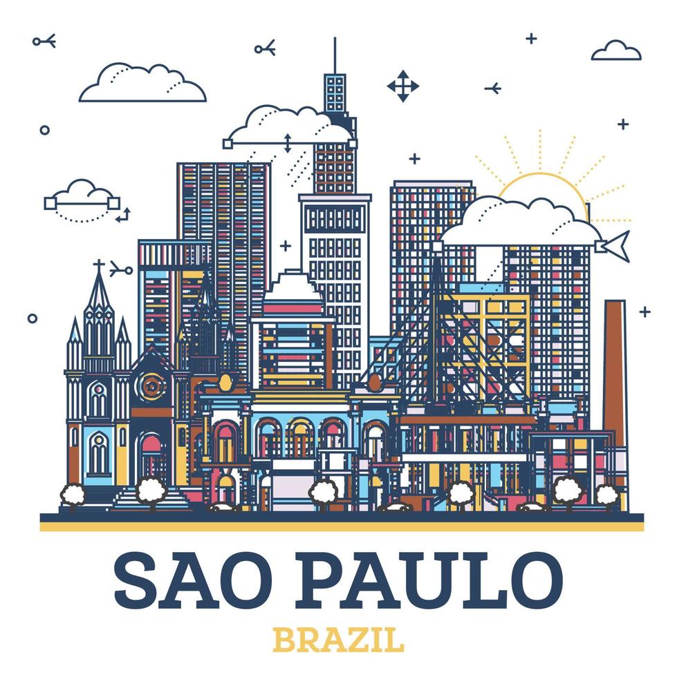 Outline Sao Paulo Brazil City Skyline with Modern Colored Buildings Isolated on White. Sao Paulo Cityscape with Landmarks. vector