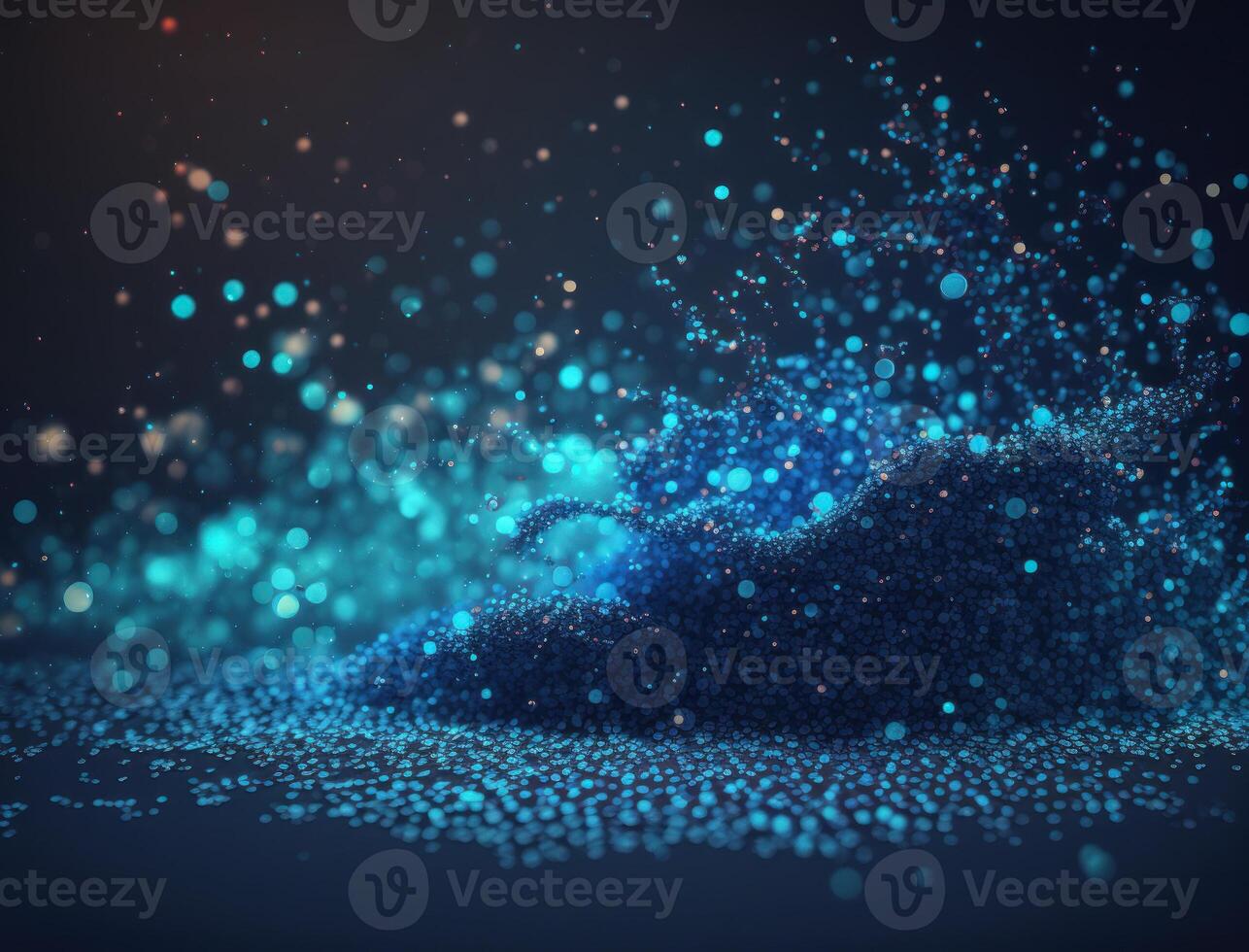 Dark blue and glow particle abstract background Blurry bokeh background with sparkles, particles and glitter created with technology photo