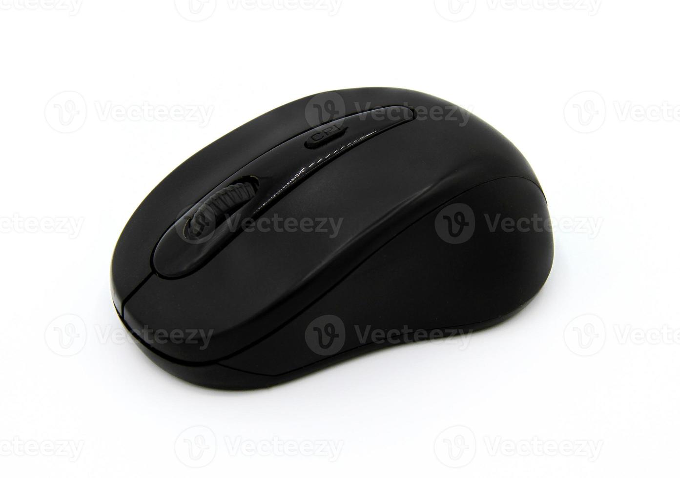 Black wireless or Bluetooth computer mouse isolated on white background with clipping path. Input Device or Electronic tool for using with computer or laptop and Technology. photo