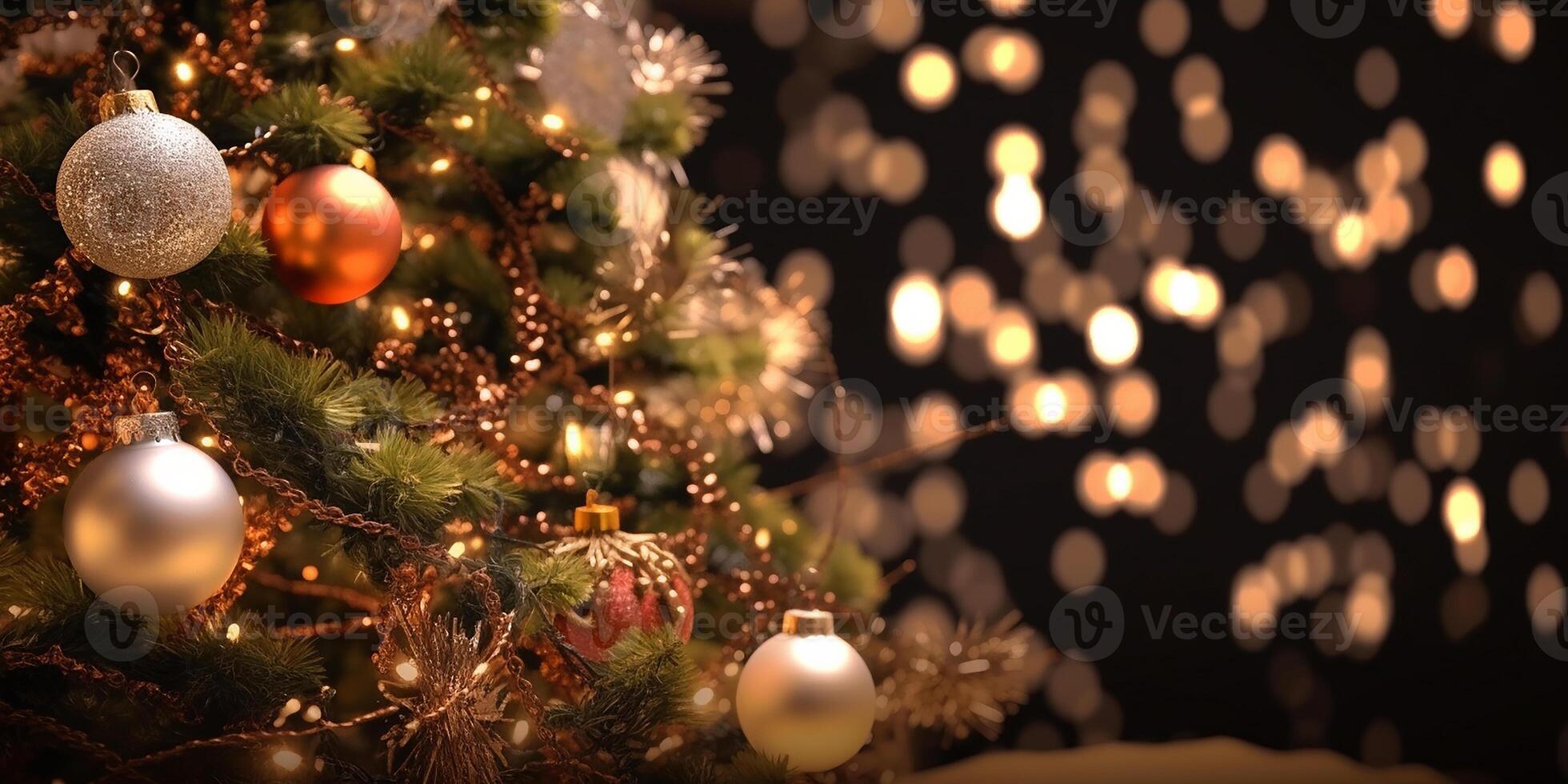 Navidad chuchería decoración colgando en el Navidad árbol con espumoso ligero lugar. generativo ai. foto