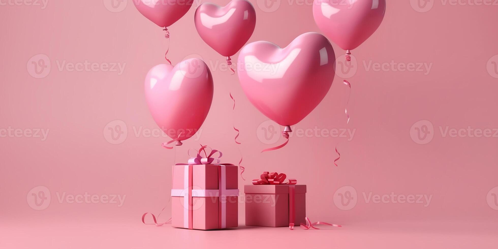 flying heart ballon with gift box, Valentine's Day design concept in pink background. . photo