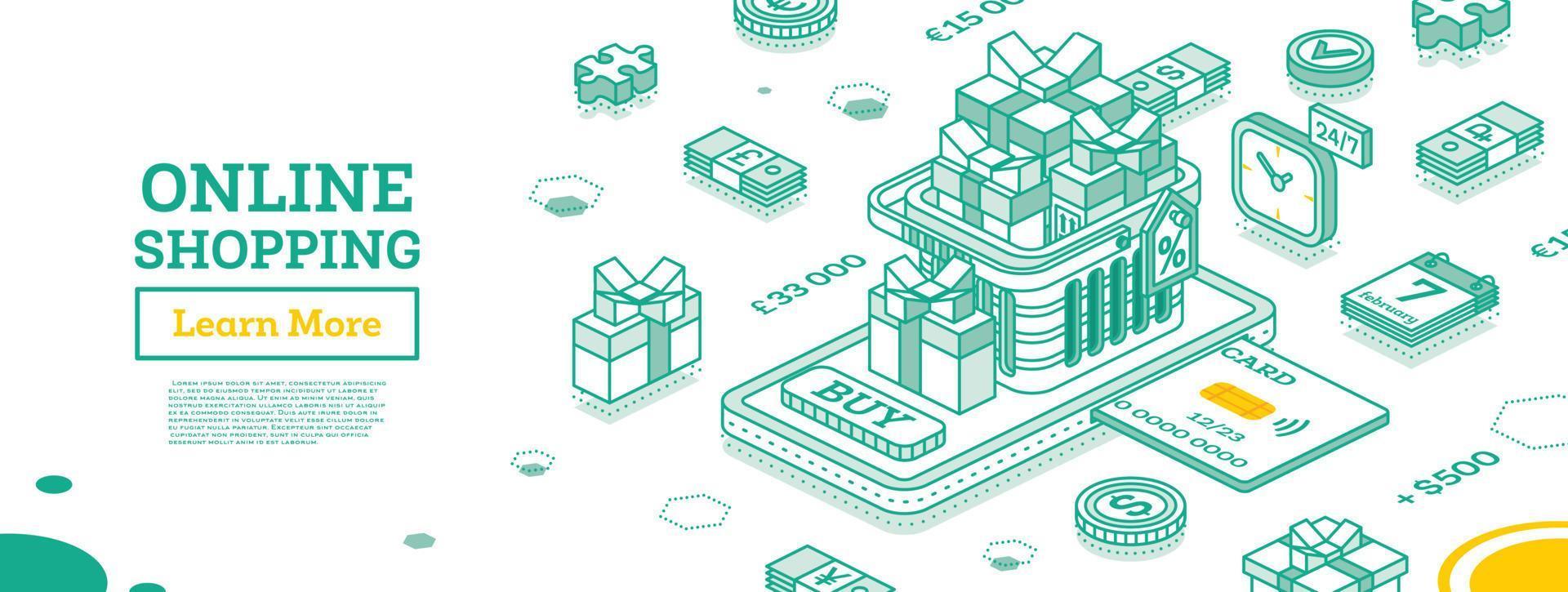 Online Shopping Concept with Smartphone, Basket and Gift Boxes. Isometric Outline Scene. Sale, Consumerism, Buy Online and E commerce Concept. vector