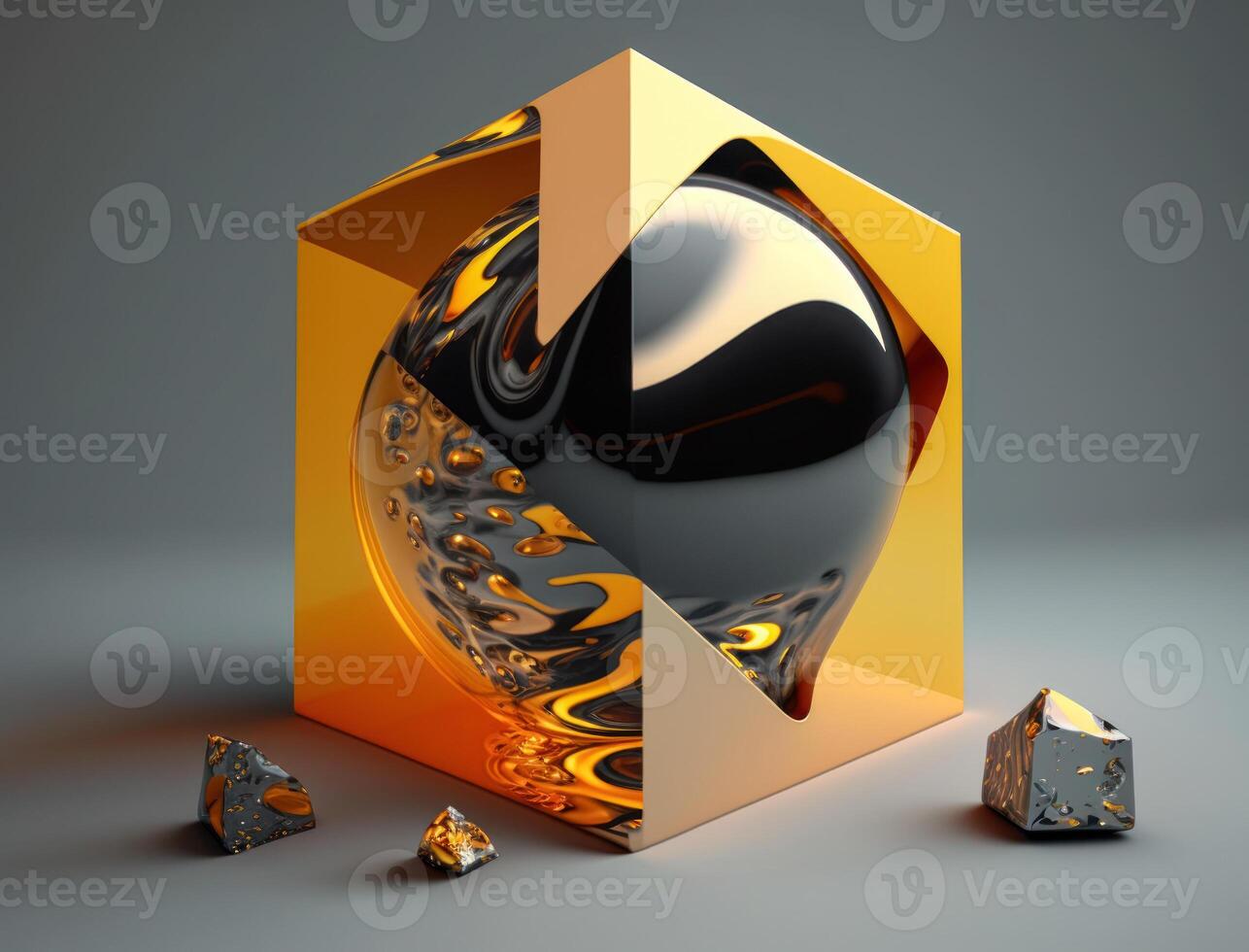 Abstract chaotic geometric background Glossy pyramids and spheres background created with technology photo