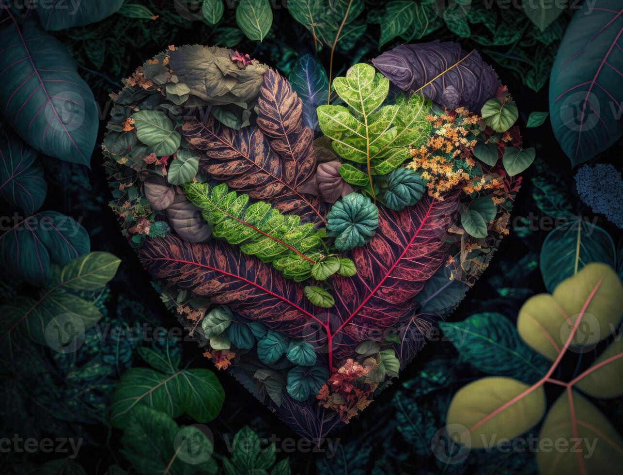 Green heart made by foliage that represents environmental protection created with technology photo