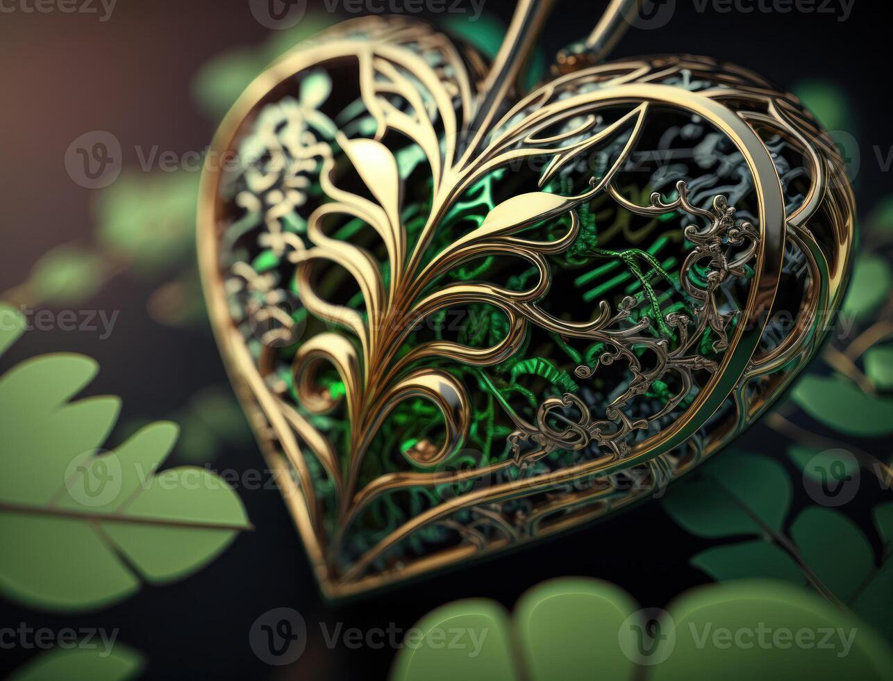 Green and gold metallic heart that represents environmental protection created with technology photo