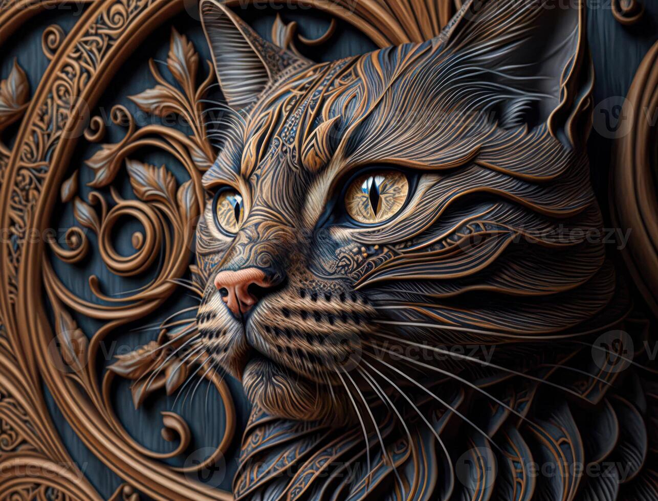 Colorful Close-up portrait of wolf with oriental ornament woodcarving elements background technology photo