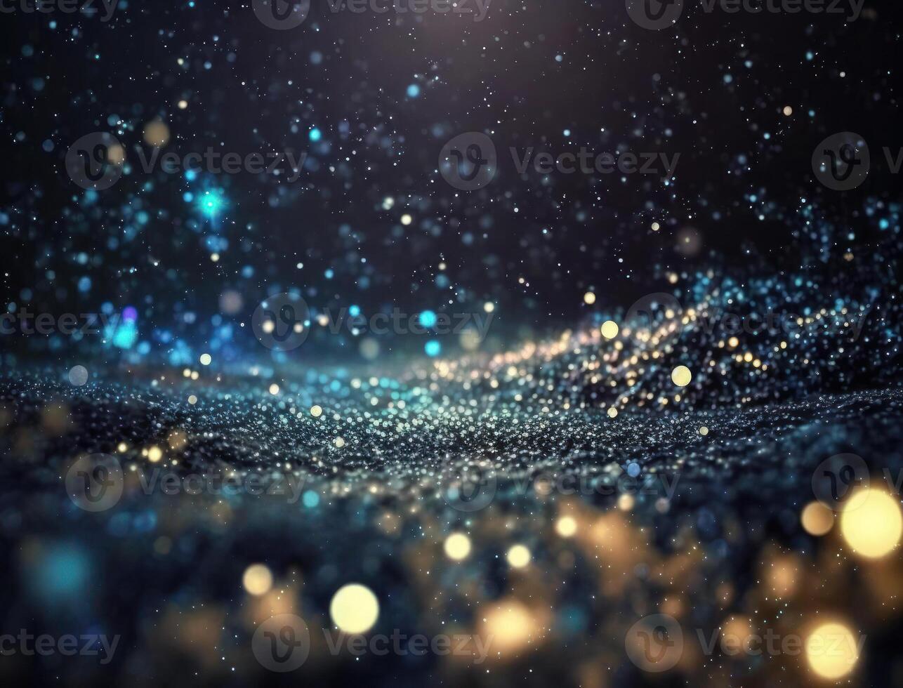 Dark blue and glow particle abstract background Blurry bokeh background with sparkles, particles and glitter created with technology photo