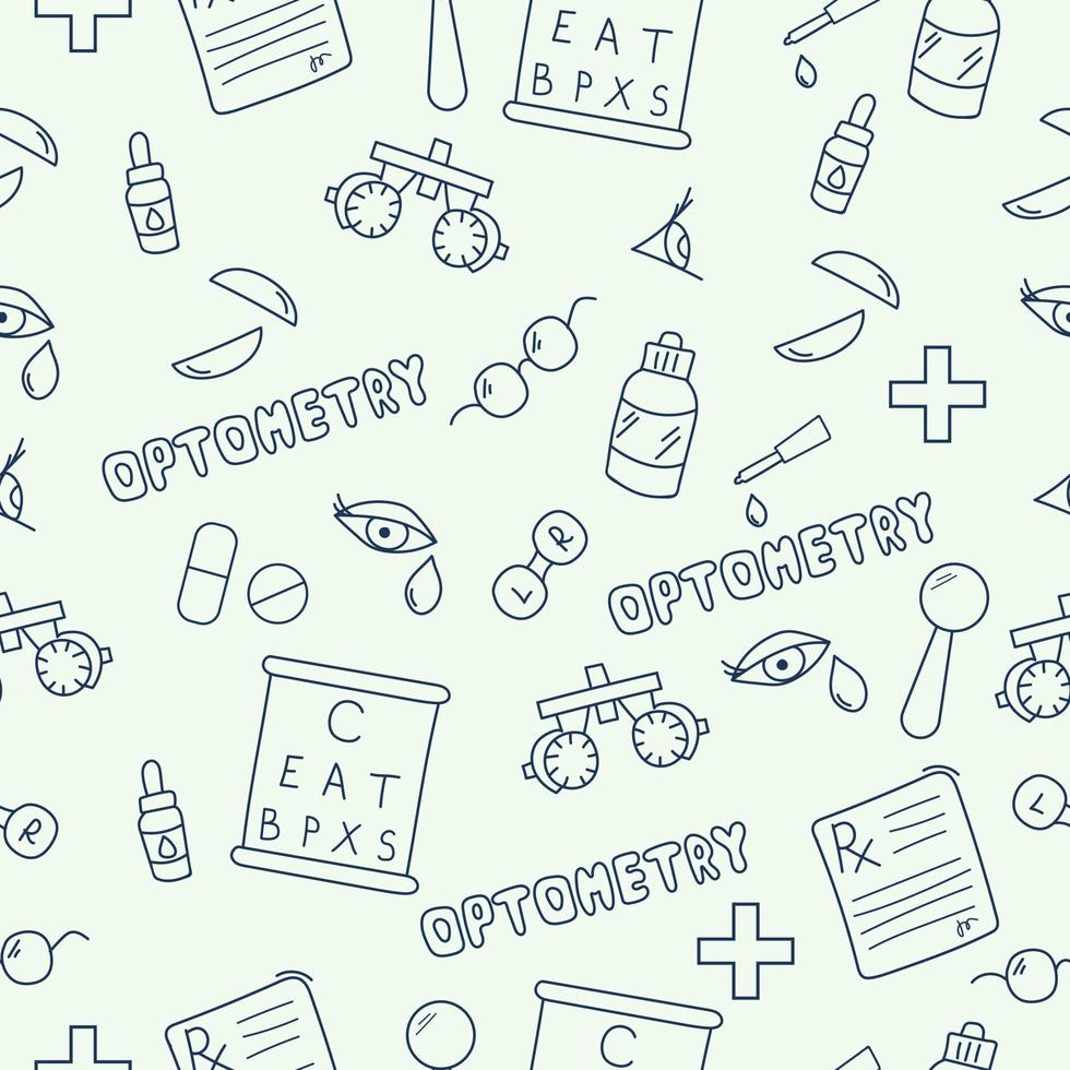 Equipments for optometry seamless pattern. Doodle banner with vision examination tools. Vector illustration