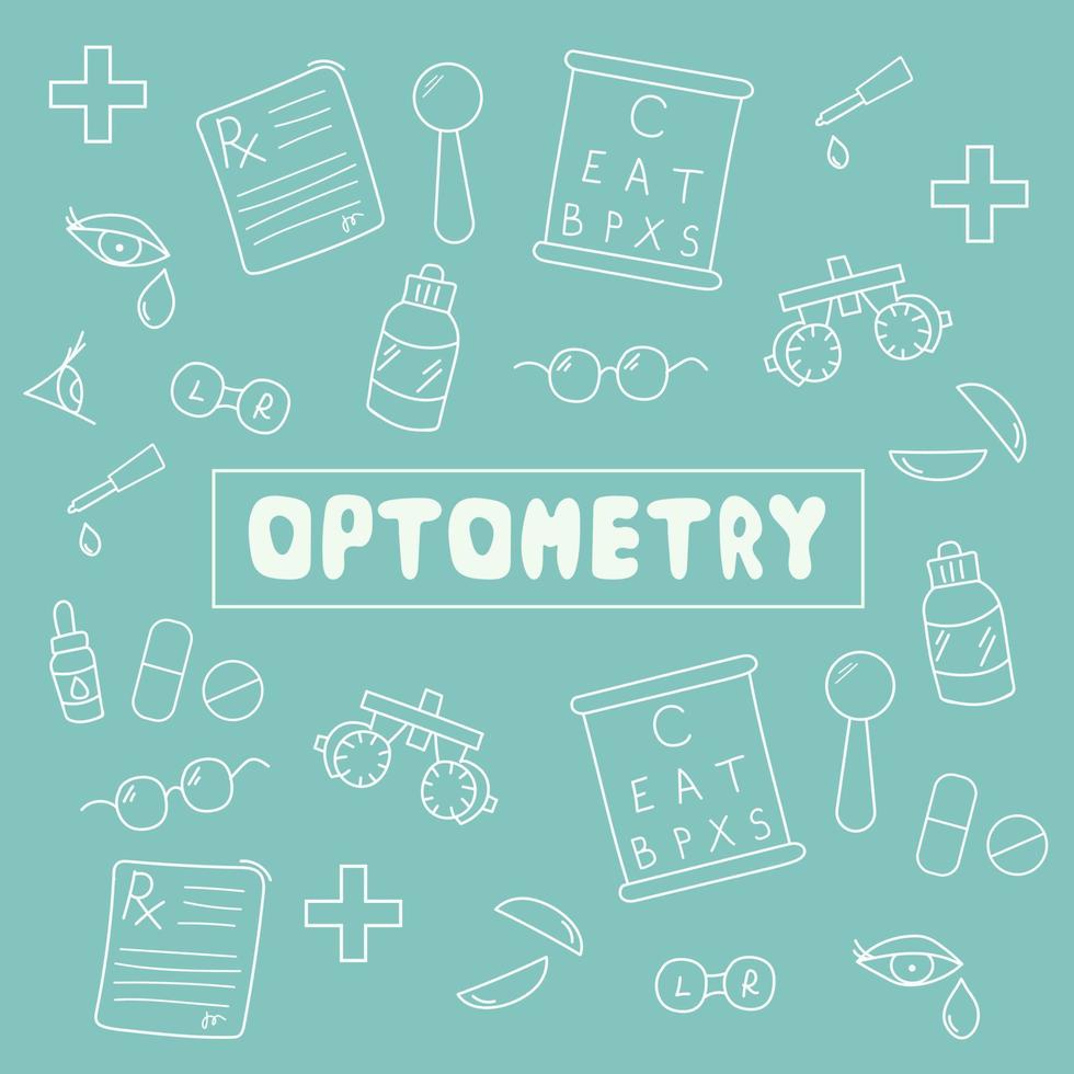 Set equipments for optometry. Doodle banner with vision examination tools. Vector illustration