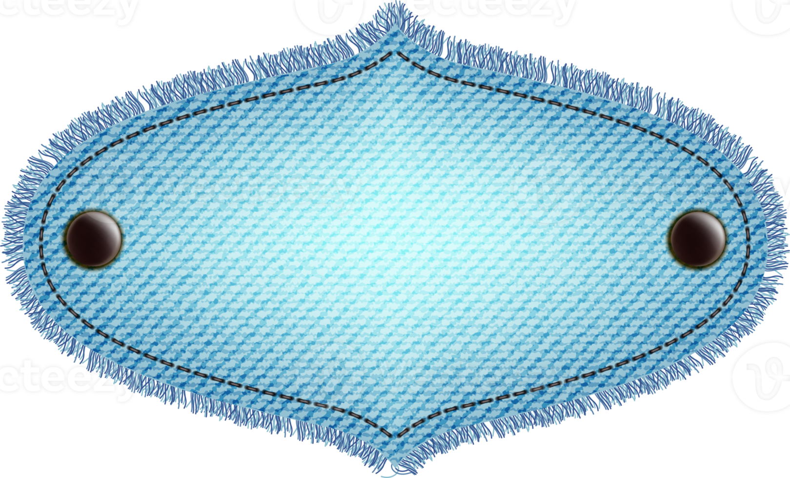 Blue denim patch with stitch, rivets and fringe. Light blue denim. Vintage patch png