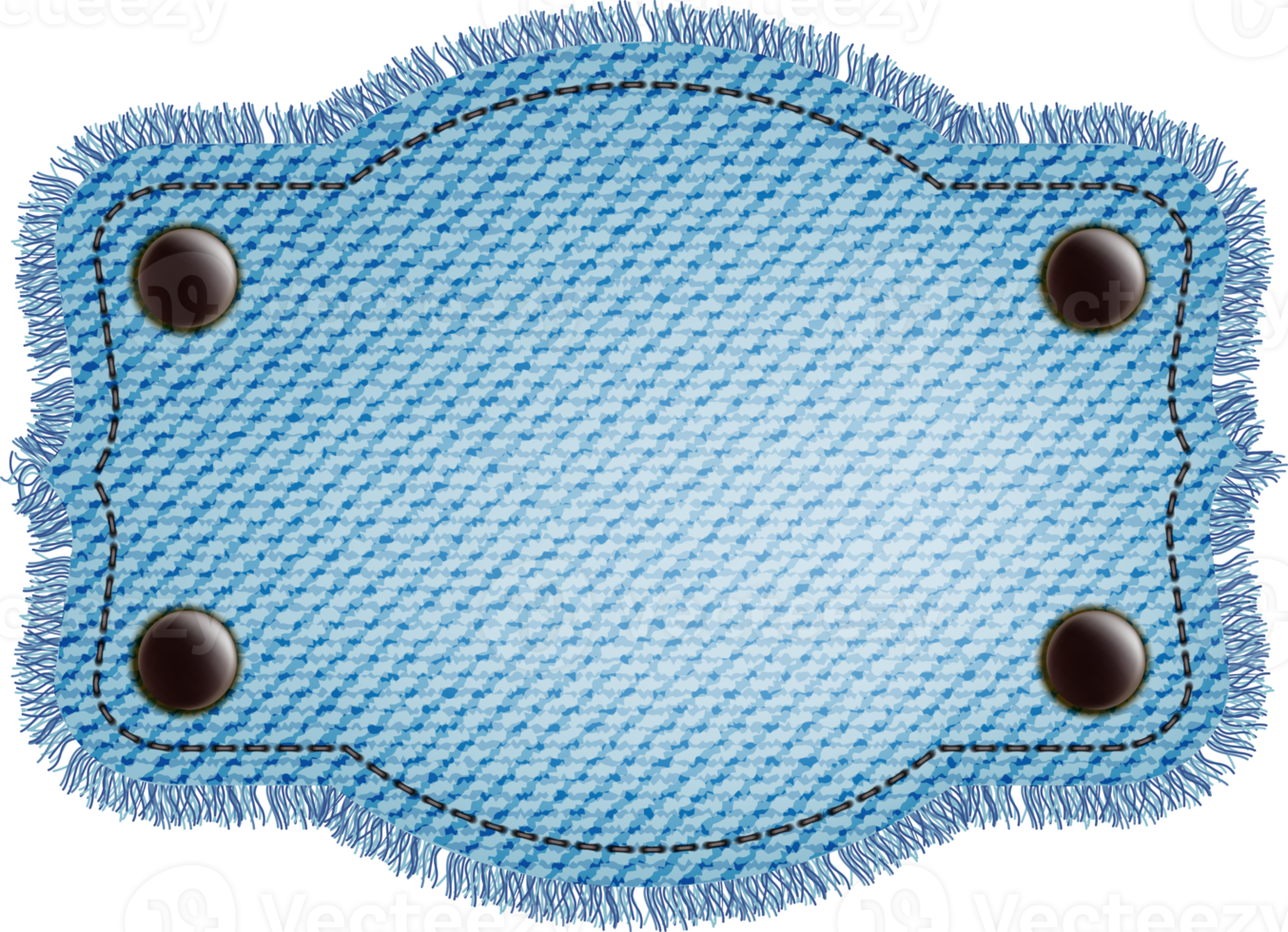 Blue denim patch with stitch, rivets and fringe. Light blue denim. Vintage patch png