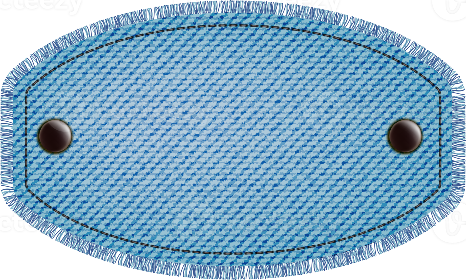 Blue denim patch with stitch, rivets and fringe. Light blue denim. Vintage patch png