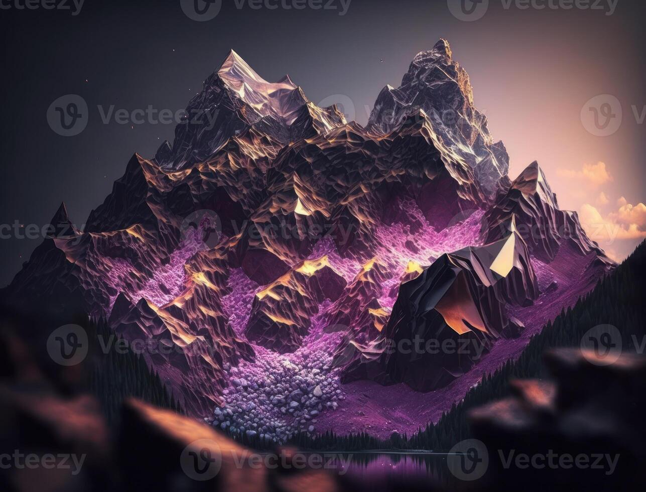 Beautiful purple amethyst mountains fantasy background natural gemstone technology photo