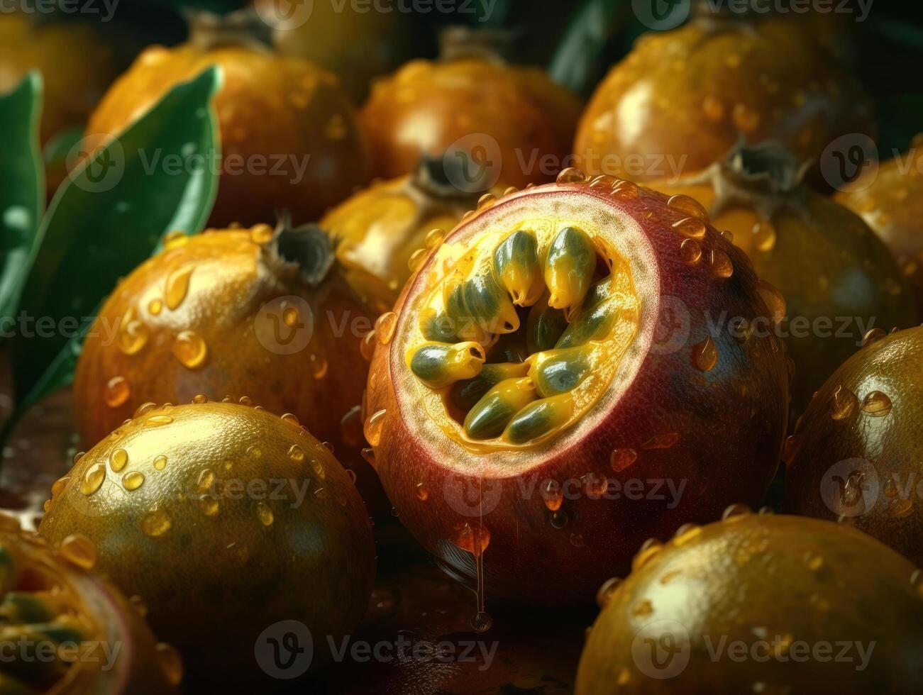 Beautiful organic background of freshly picked passion fruit created with technology photo