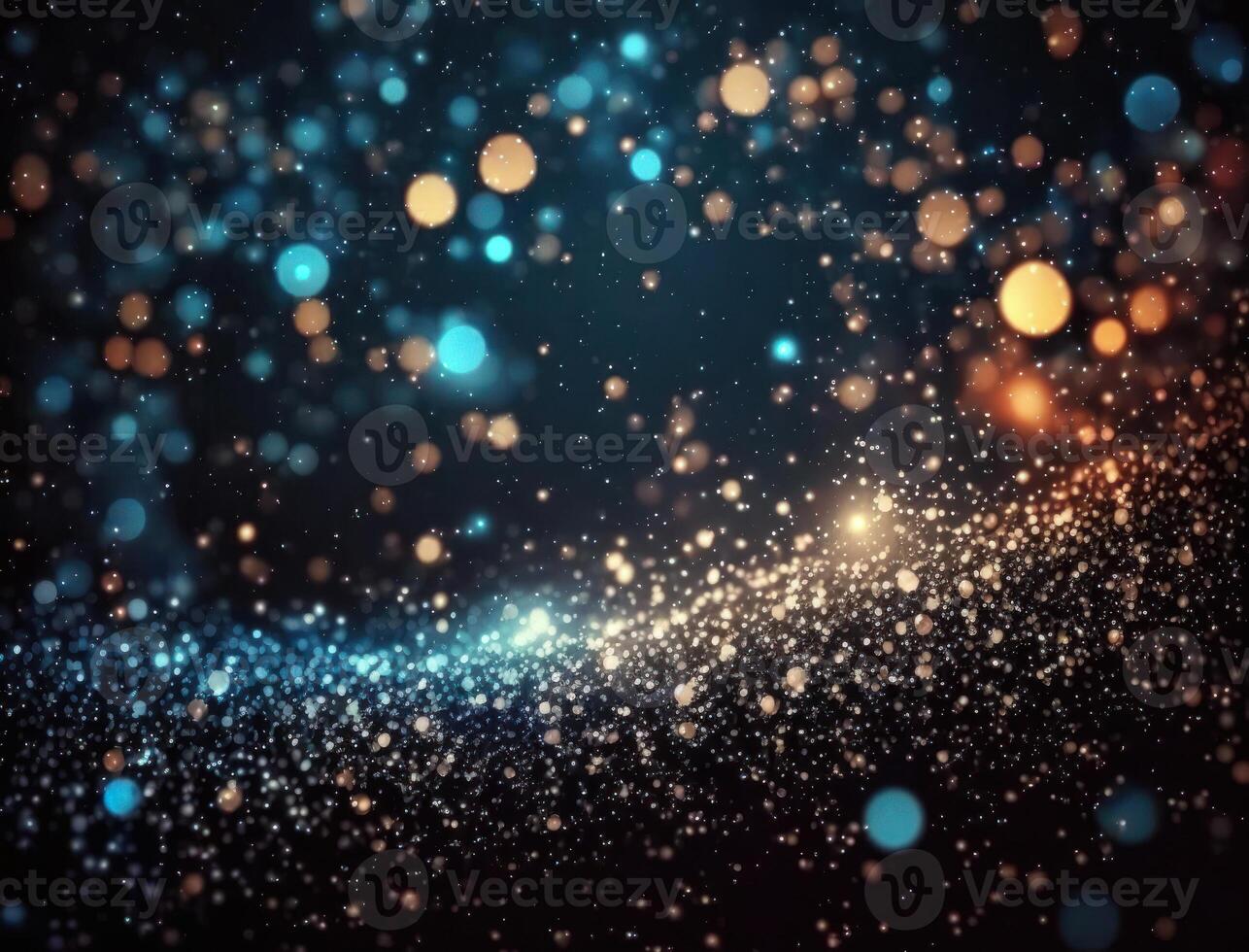 Dark blue and glow particle abstract background Blurry bokeh background with sparkles, particles and glitter created with technology photo