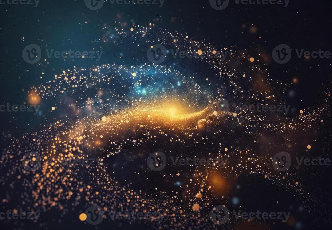 Dark blue and glow particle abstract background Blurry bokeh background with sparkles, particles and glitter created with technology photo