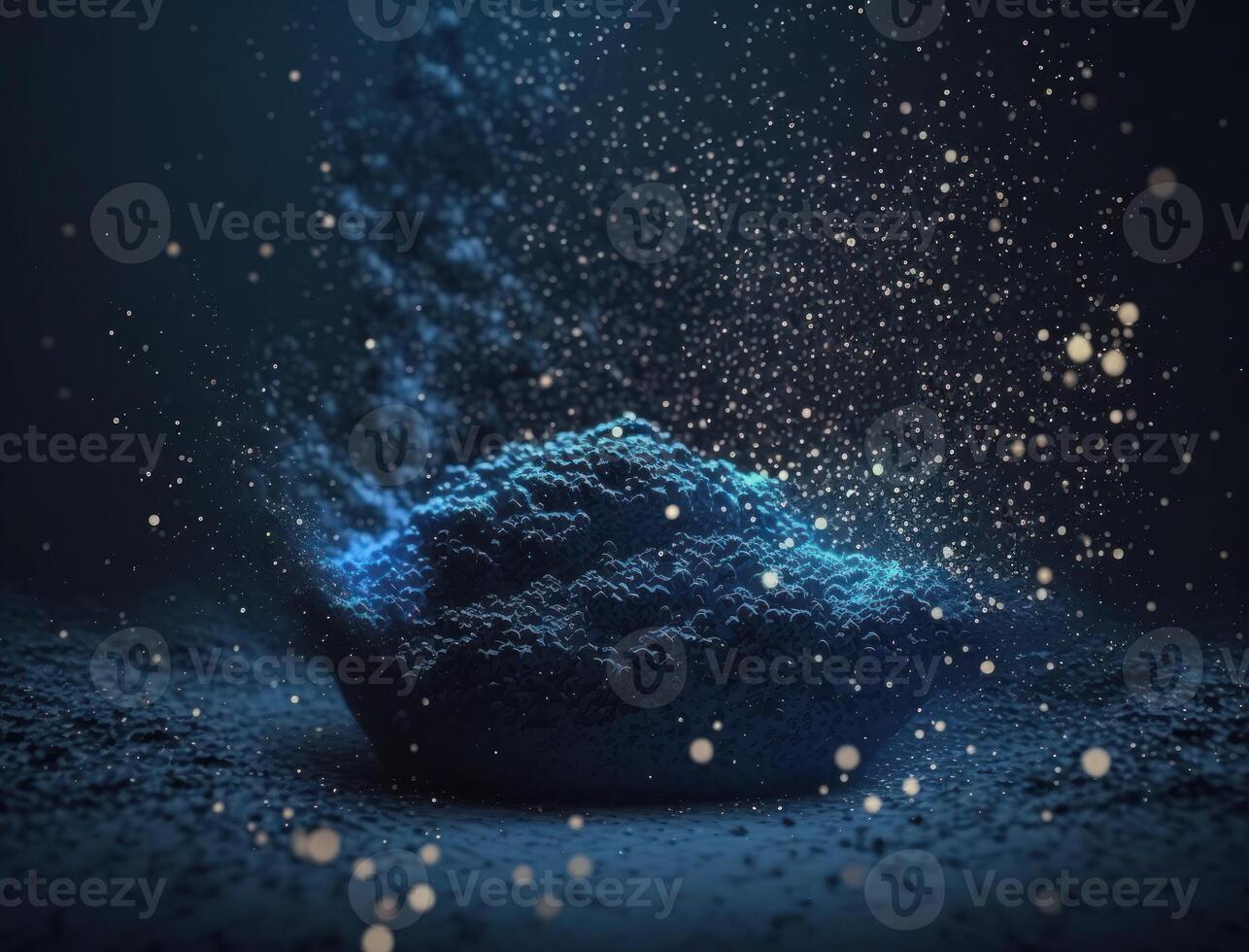 Dark blue and glow particle abstract background Blurry bokeh background with sparkles, particles and glitter created with technology photo