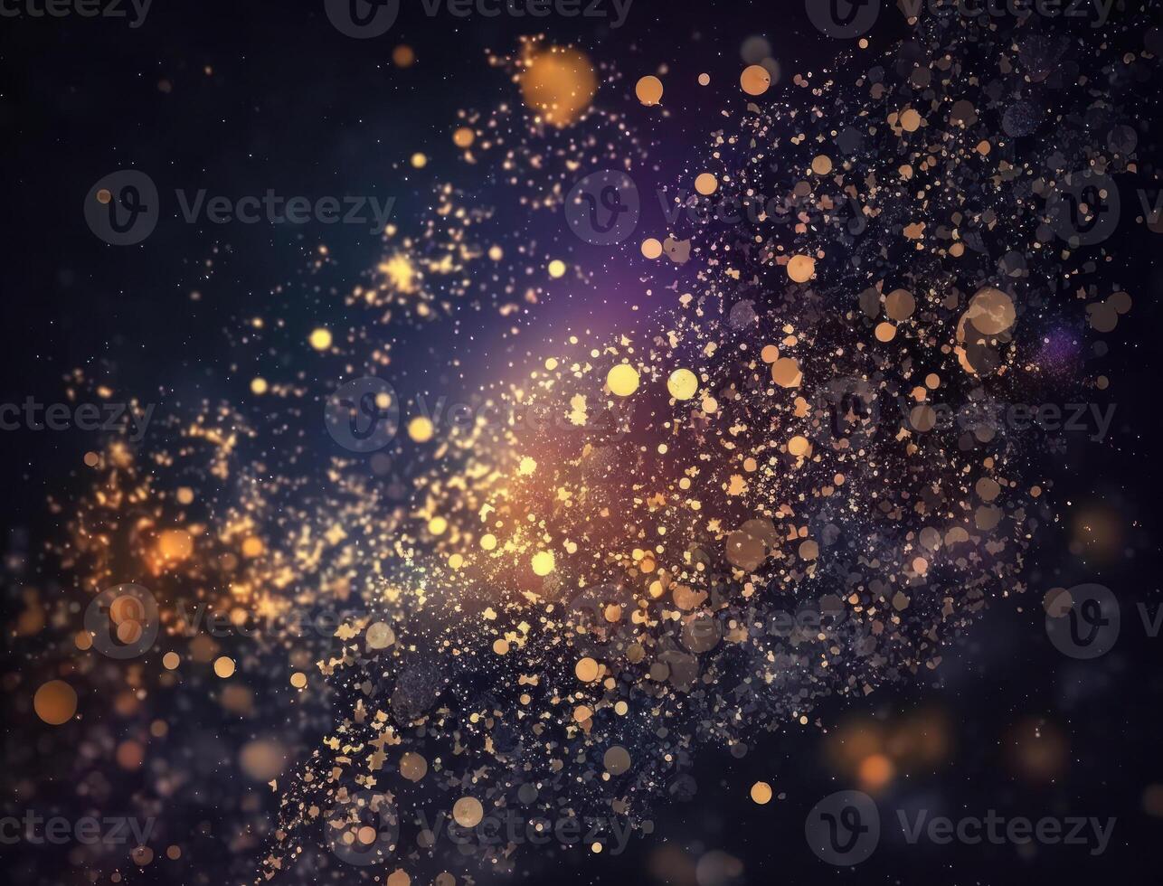 Dark blue and glow particle abstract background Blurry bokeh background with sparkles, particles and glitter created with technology photo