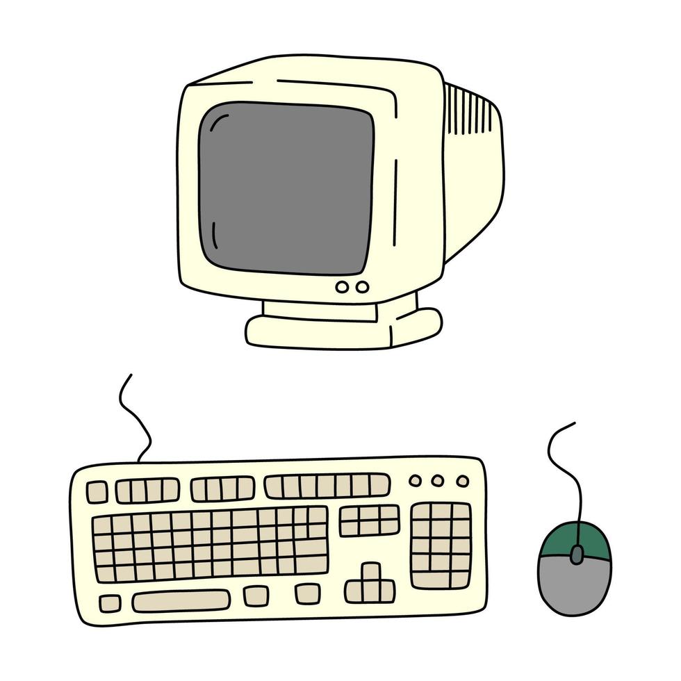monitor, teclado y computadora ratón en dibujos animados estilo. vector ilustración aislado en blanco antecedentes