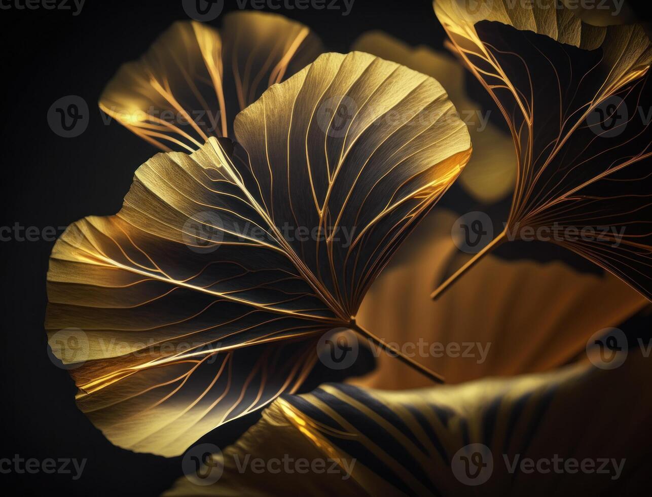 Ginkgo biloba golden leaves Dark background created with technology photo