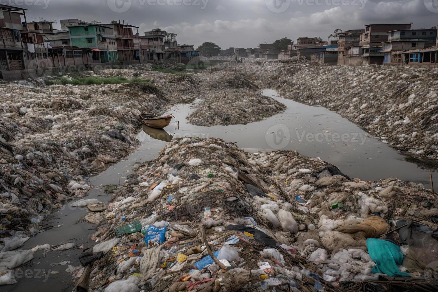 enorme tugurio con un lote de el plastico desperdiciar. ambiental contaminación concepto. generativo ai foto