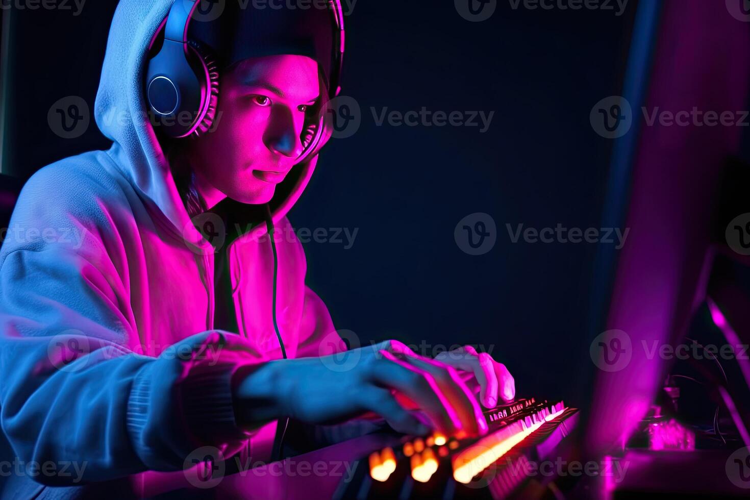 Male gamer playing computer video game. Game addiction. photo