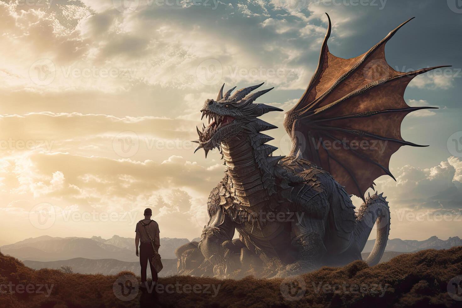 Man stands in front of huge dragon, fantasy world. photo