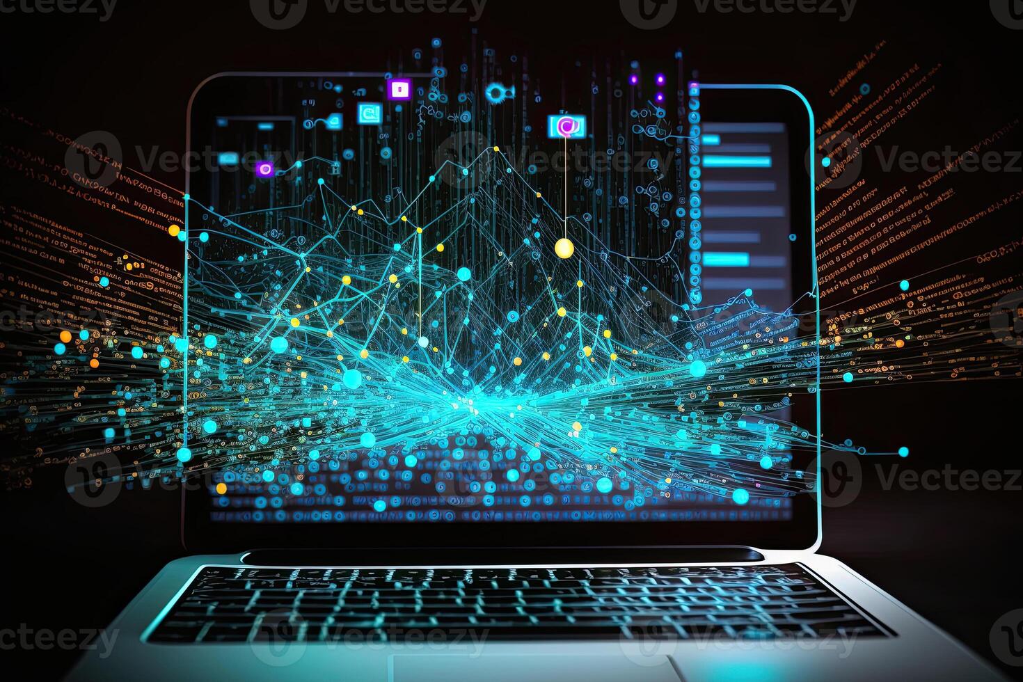 Digital data and network connection on laptop screen. Big data analysis. photo