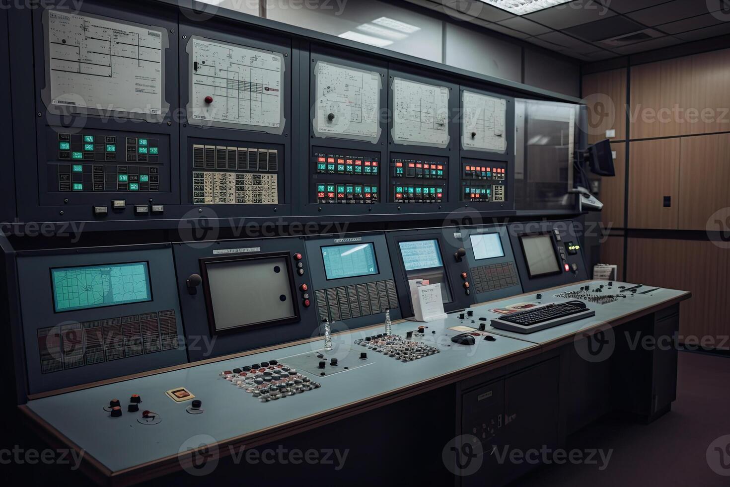 Central control panel. Operator workplace with a lot of screens and button. photo