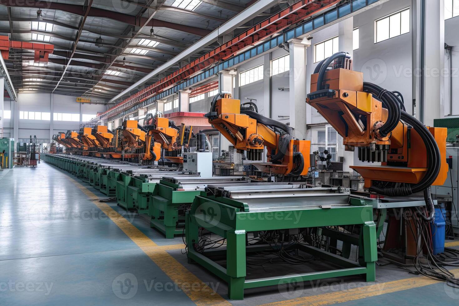 Robotic arms on the assembly line. Automated conveyor on factory. photo