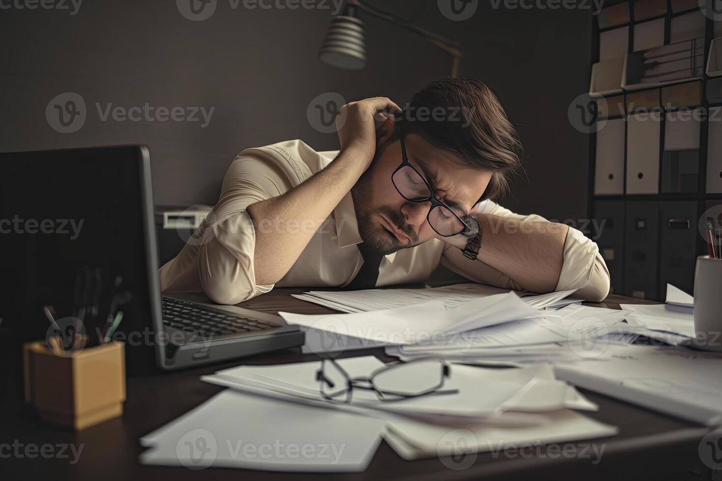 Tired office worker sitting at workplace.Exhausted man working photo