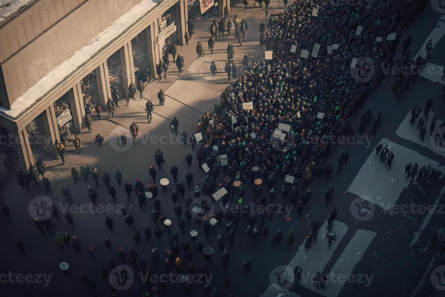 Protesting people marching at city, aerial view. Protest activists. Created with photo