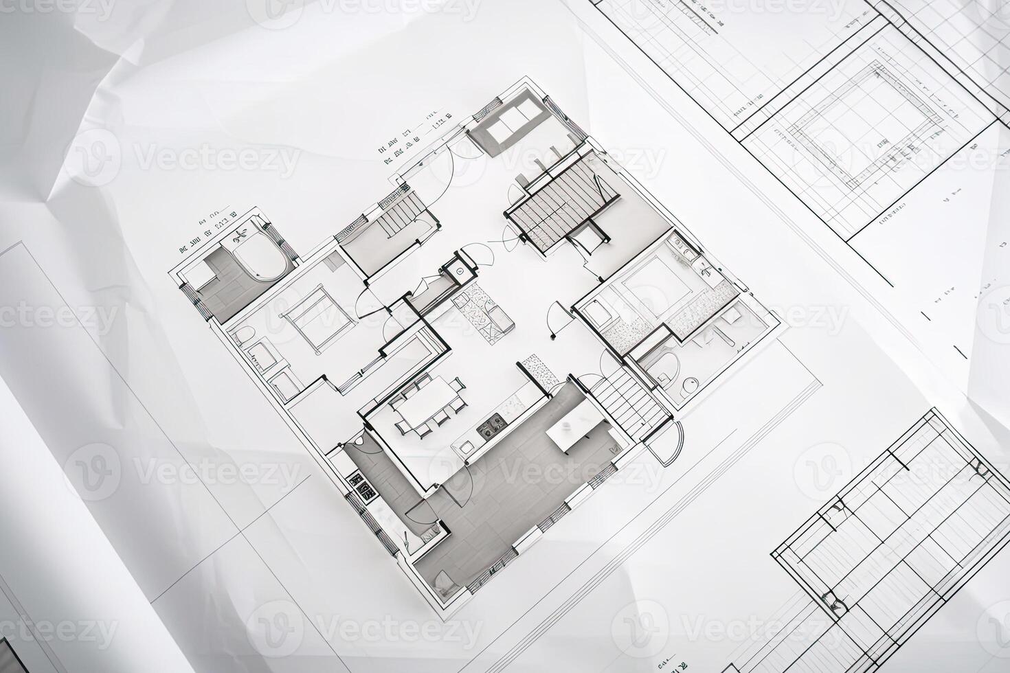 Architectural plan on white paper. Technical project of living room. Drawing  for construction. Created with Generative AI 21982127 Stock Photo at  Vecteezy