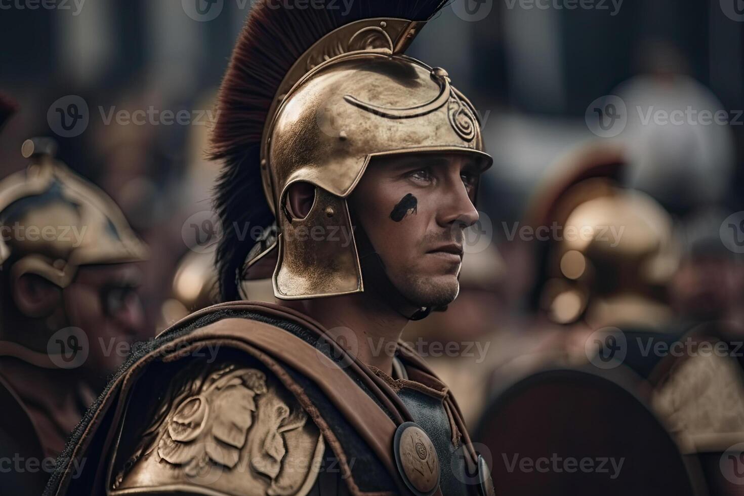 Portrait of roman soldier. Ancient warrior in battle. Created with photo