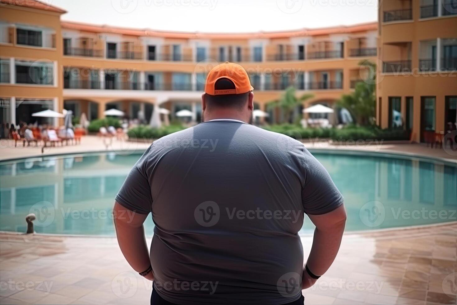 Fat man at summer vacations near swimming pool. Obesity problem. photo