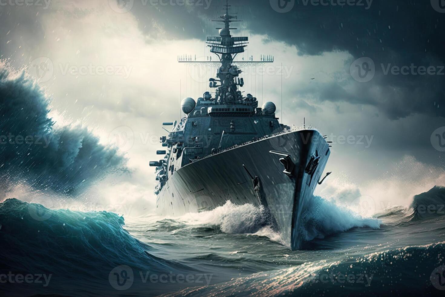 Modern warship in the sea. Military force ship sailing in ocean. photo