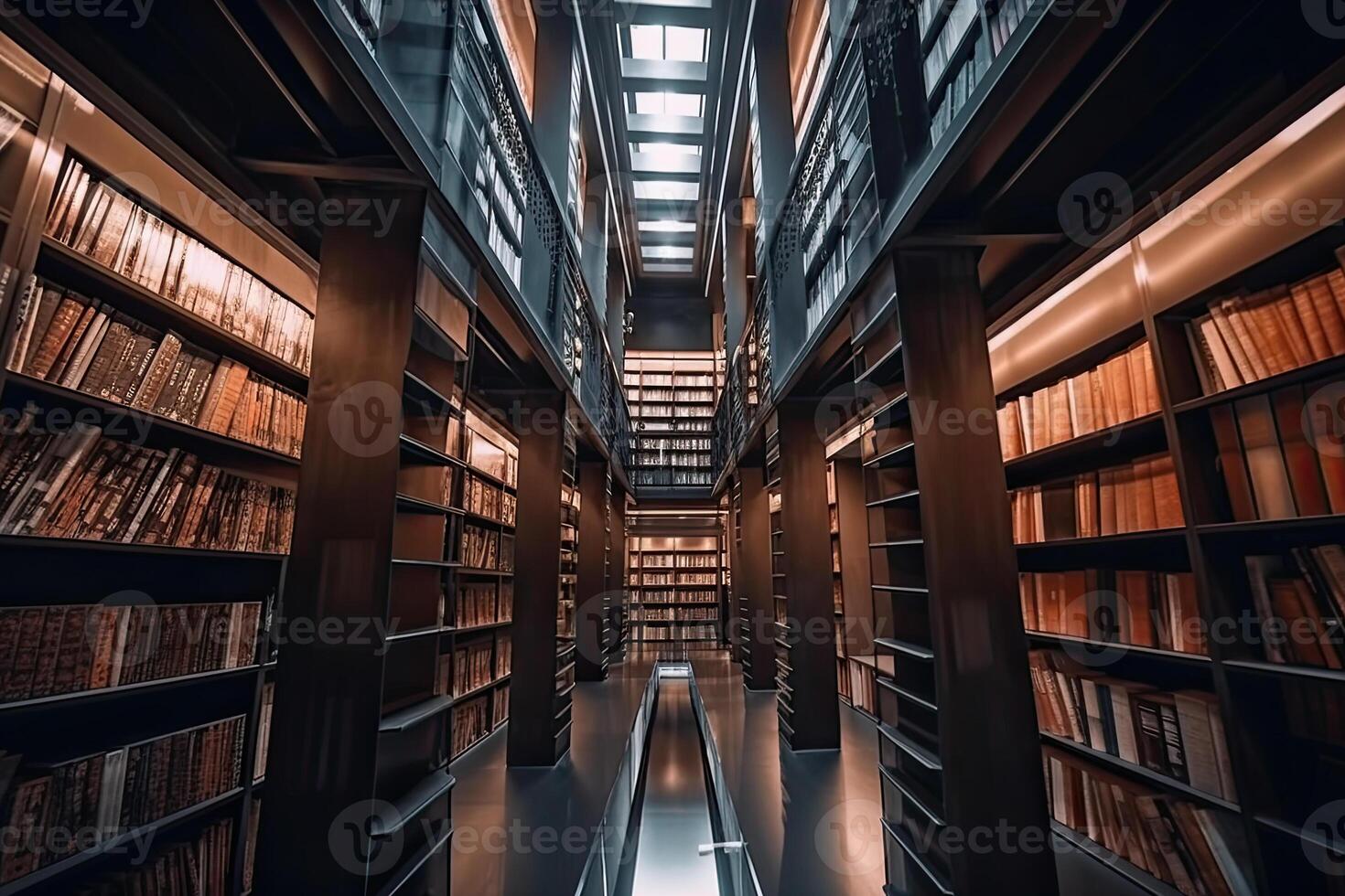 Interior of library with many bookshelves. Rows of cabinets with old books in library. photo