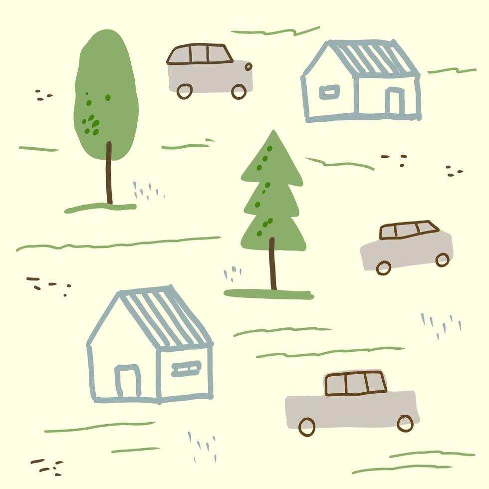 pattern hand drawn kid car tree house vector