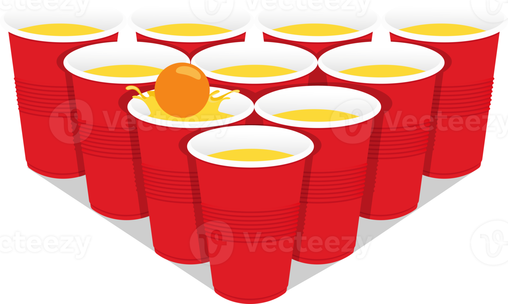 Red beer pong plastic cups and ball with splashing. Traditional party drinking game png