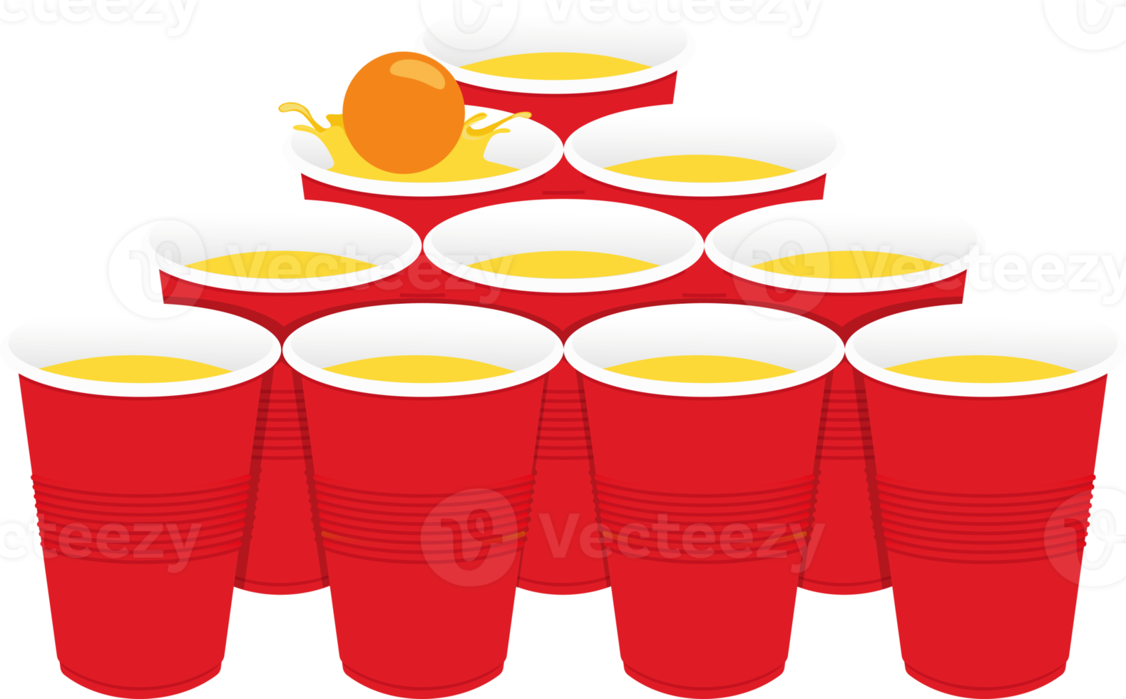 Red beer pong plastic cups and ball with splashing. Traditional party drinking game png
