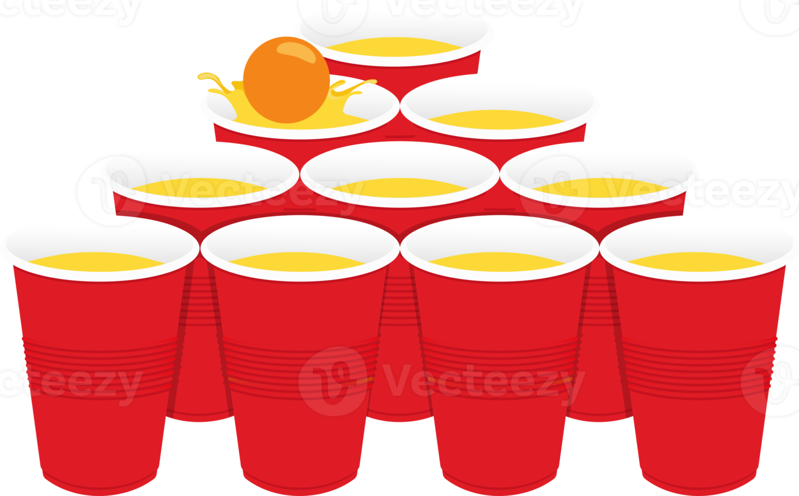 Red beer pong plastic cups and ball with splashing. Traditional party drinking game png