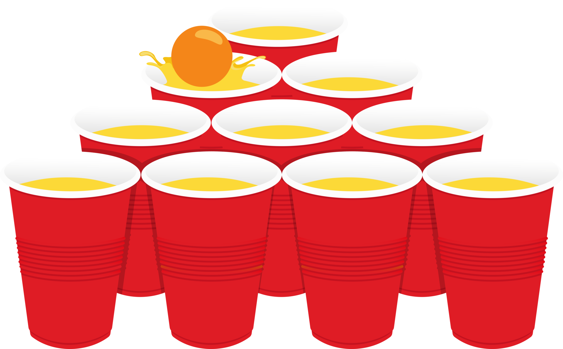 Red beer pong plastic cups and ball with splashing. Traditional party