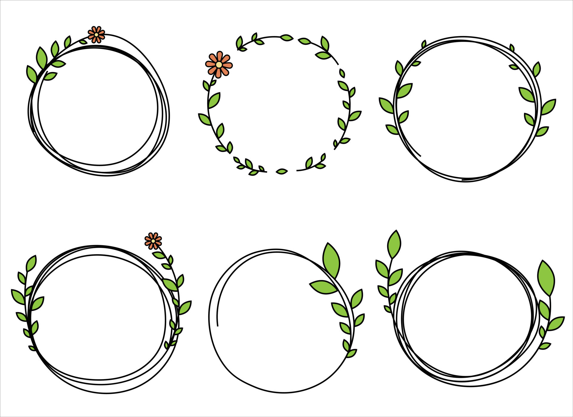 Hand drawn circle frame decoration element with leaves and flowers clip