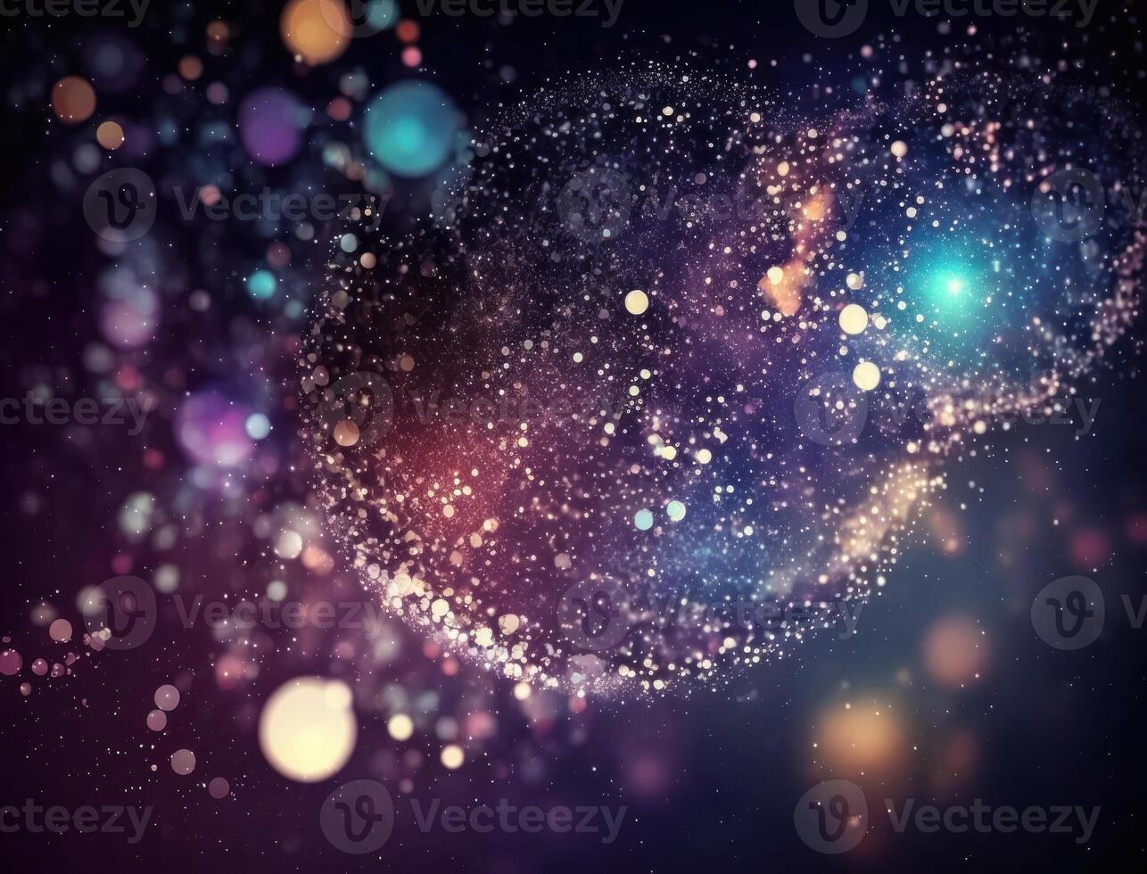 Dark blue and glow particle abstract background Blurry bokeh background with sparkles, particles and glitter created with technology photo