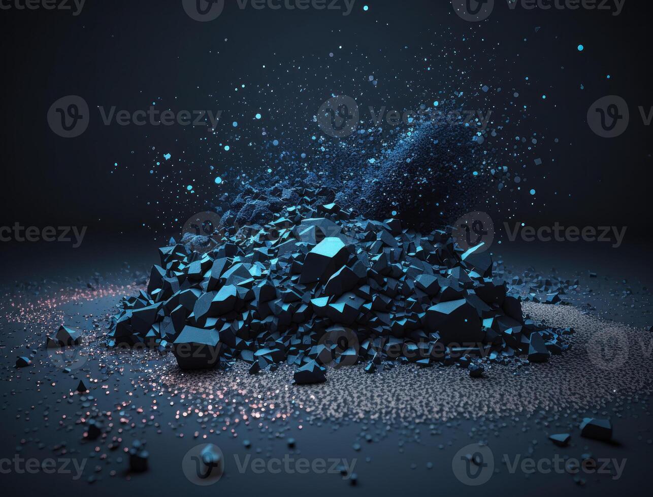 Dark blue and glow particle abstract background Blurry bokeh background with sparkles, particles and glitter created with technology photo