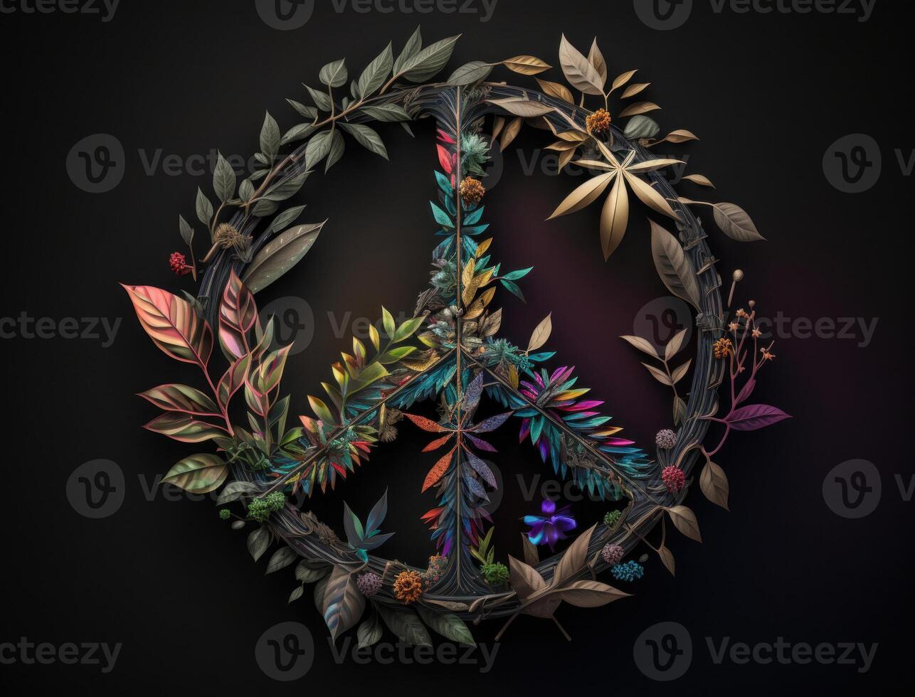 Peace symbol made by floral elements created with technology photo