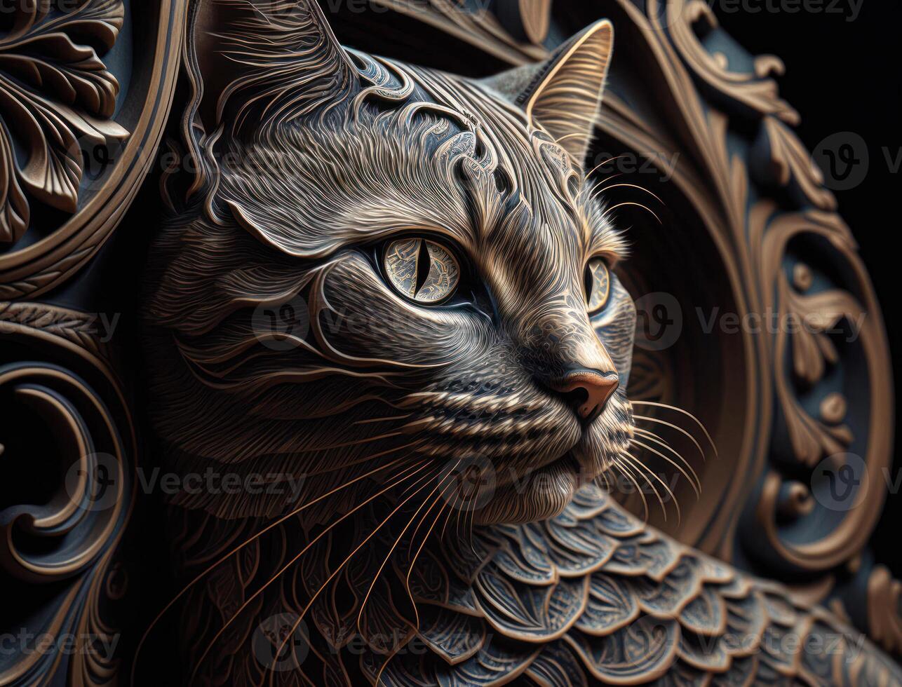 Colorful Close-up portrait of wolf with oriental ornament woodcarving elements background technology photo