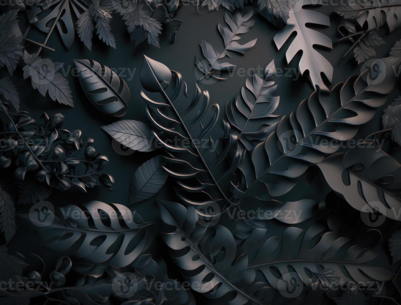 Abstract dark black metallic leaves background created with technology photo